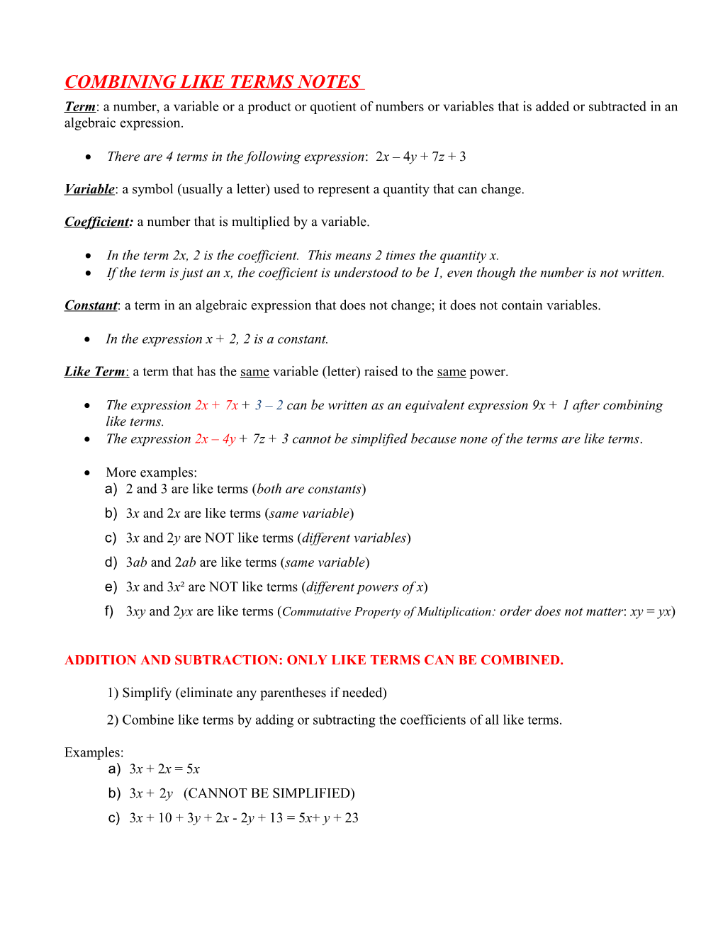 Notes: Combining Like Terms