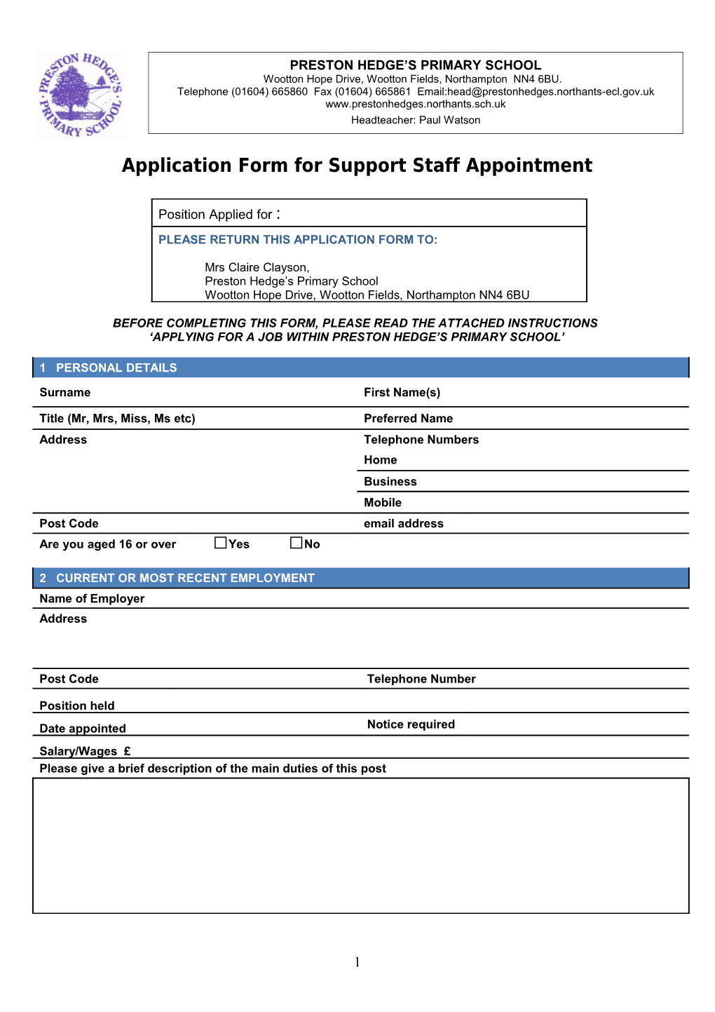 Application Form for Support Staff Appointment