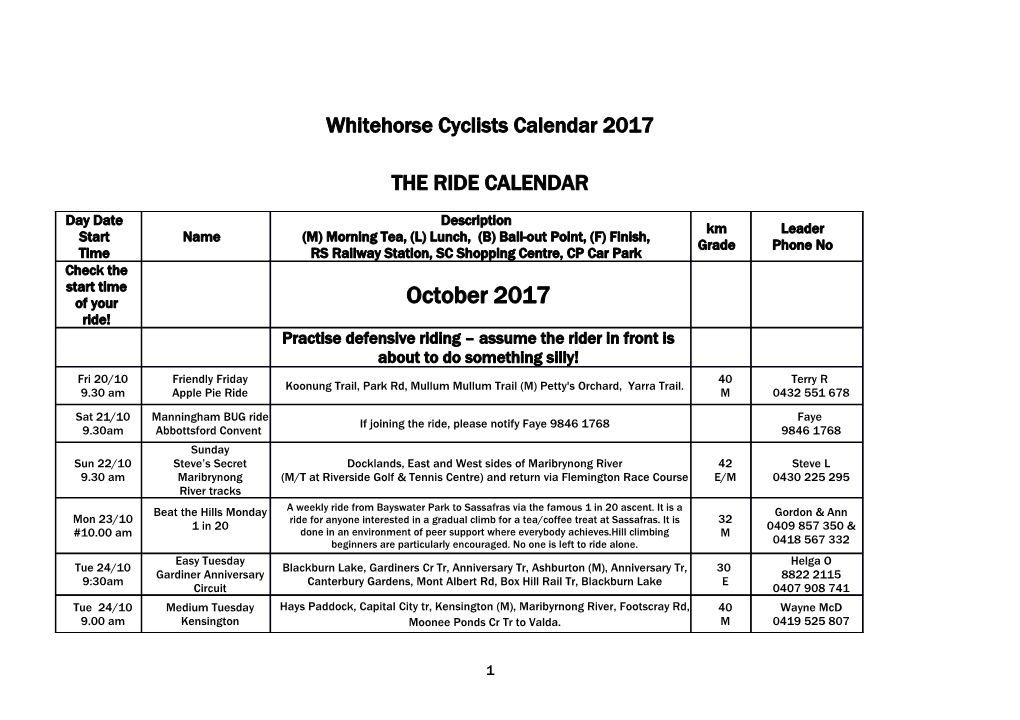 Whitehorse Cyclists Calendar 2017