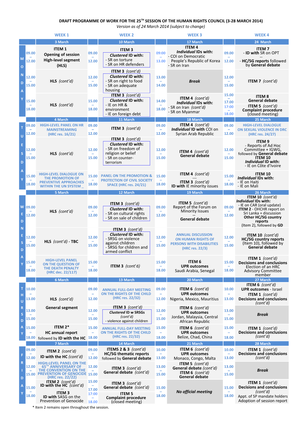 Programme of Work for the 25Th Session of the Human Rights Council