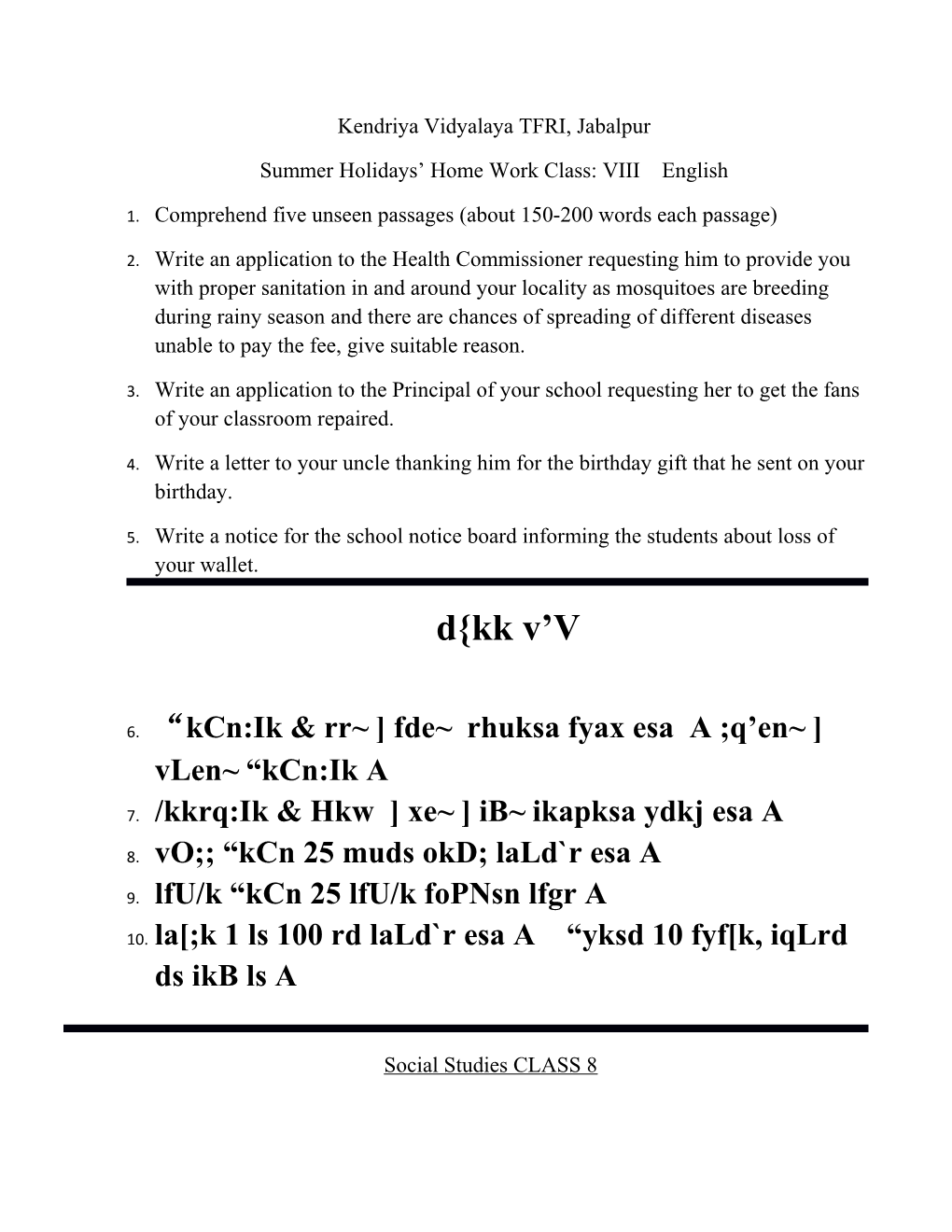 Summer Holidays Home Work Class: VIII English