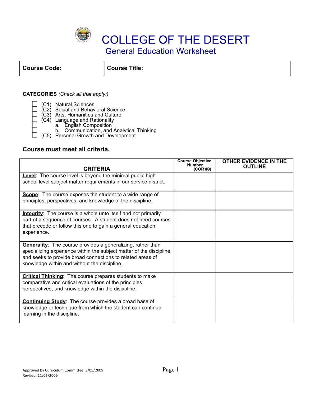 College of the Desert General Education Category Definitions Worksheet
