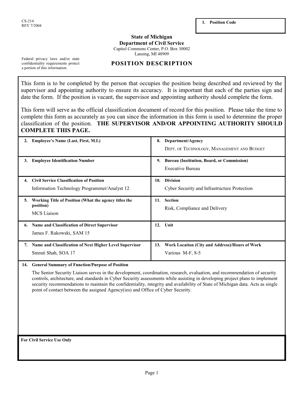 CS-214 Position Description Form