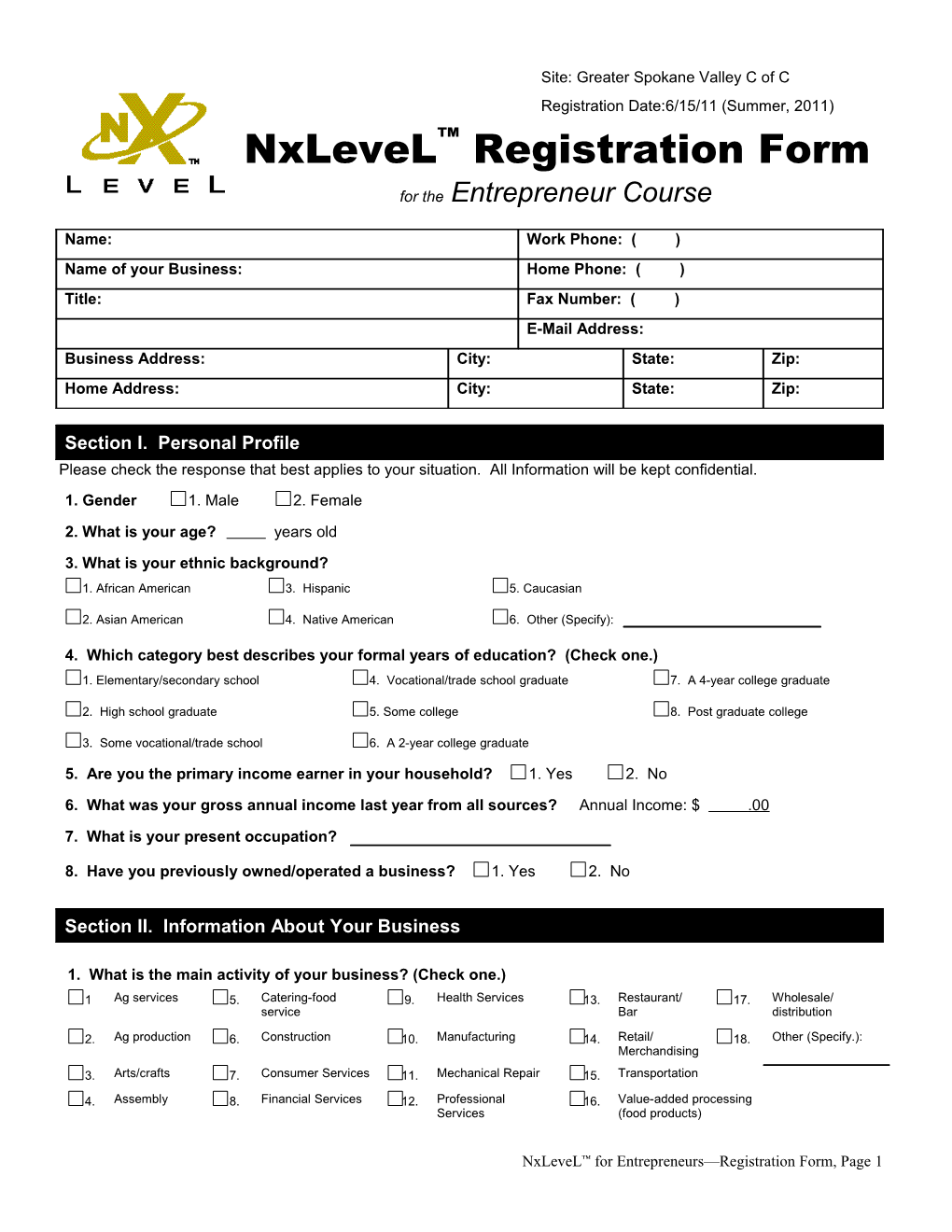Nxlevel Registration Form for the Entrepreneur Course