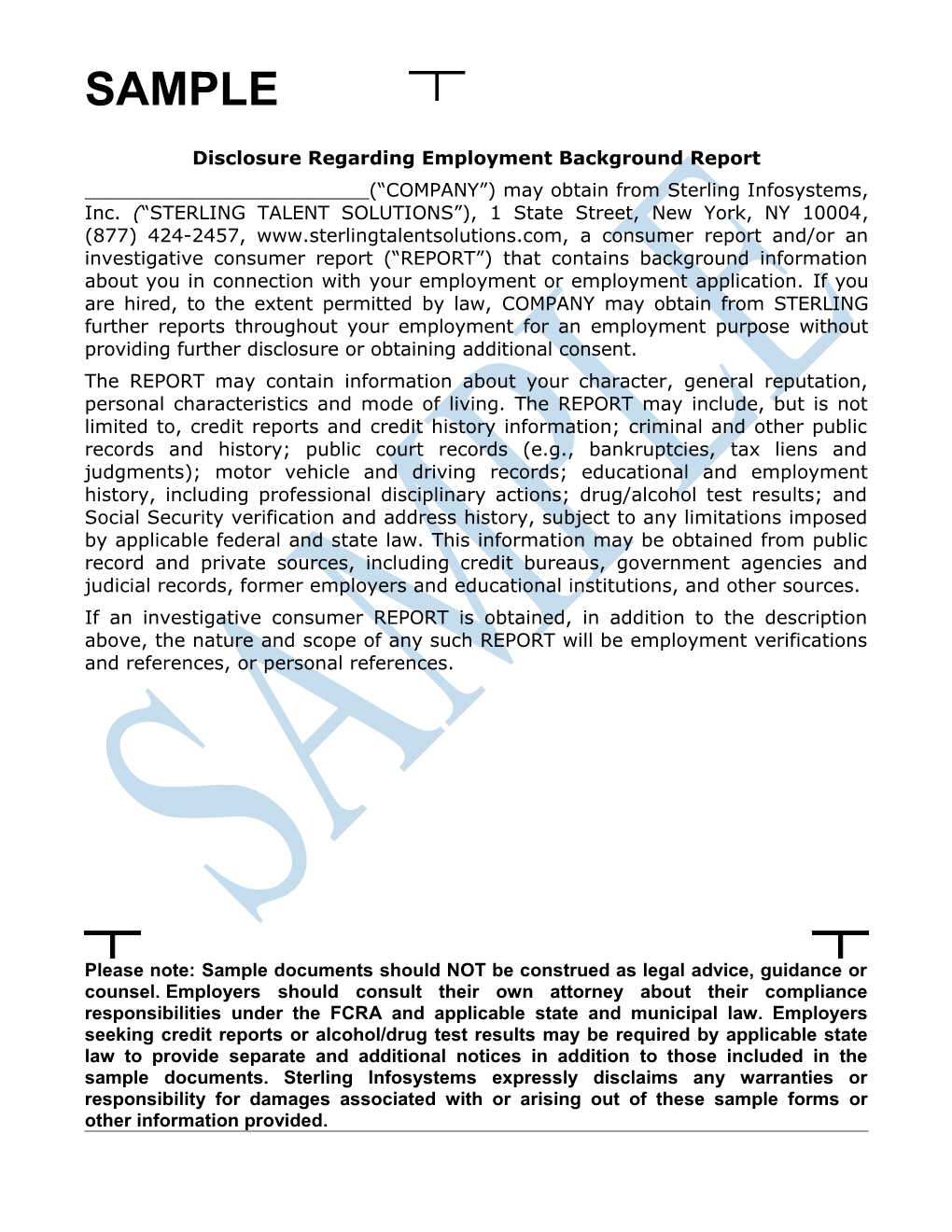 Disclosure Regarding Employment Background Report