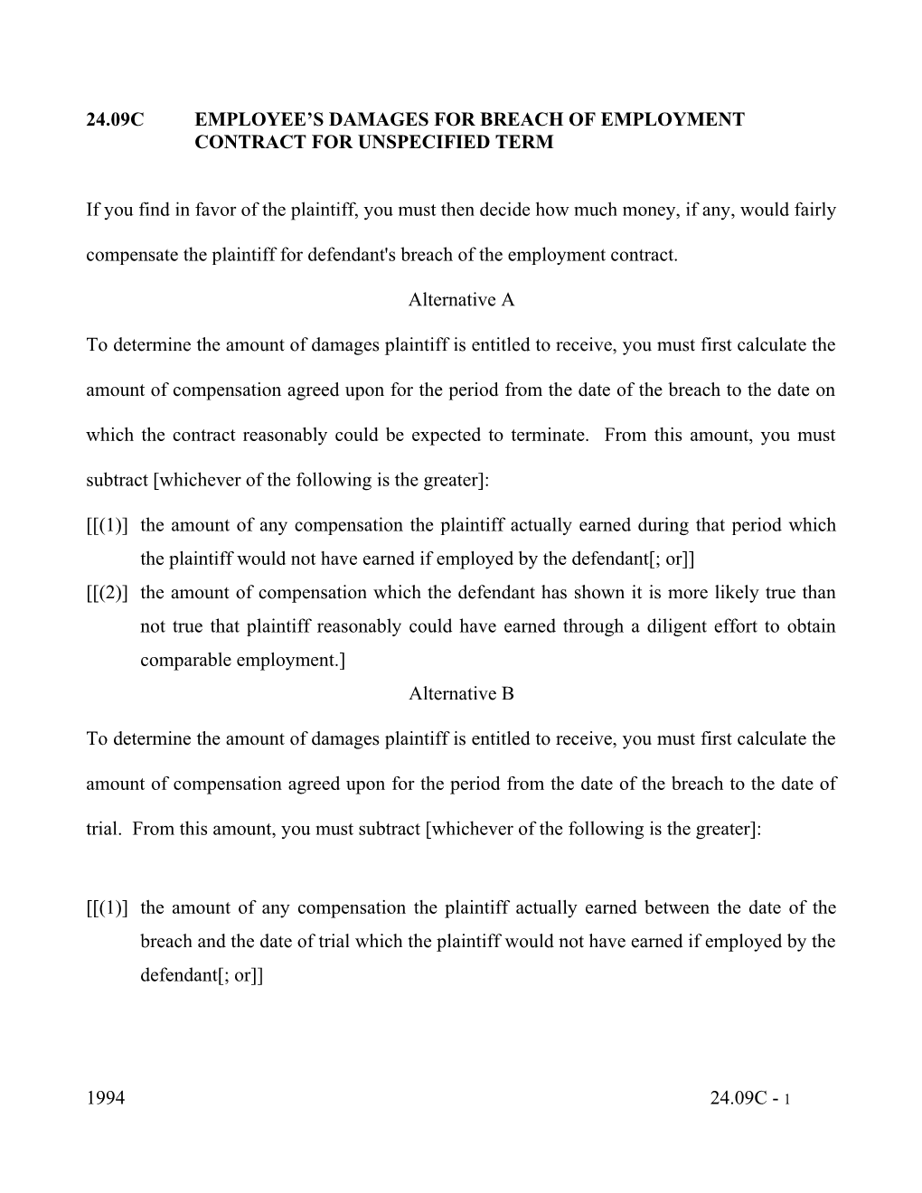 24.09Cemployee S Damages for Breach of Employmentcontract for Unspecified Term
