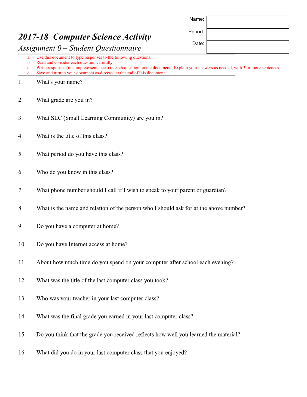 Trigonometry Student Questionnaire