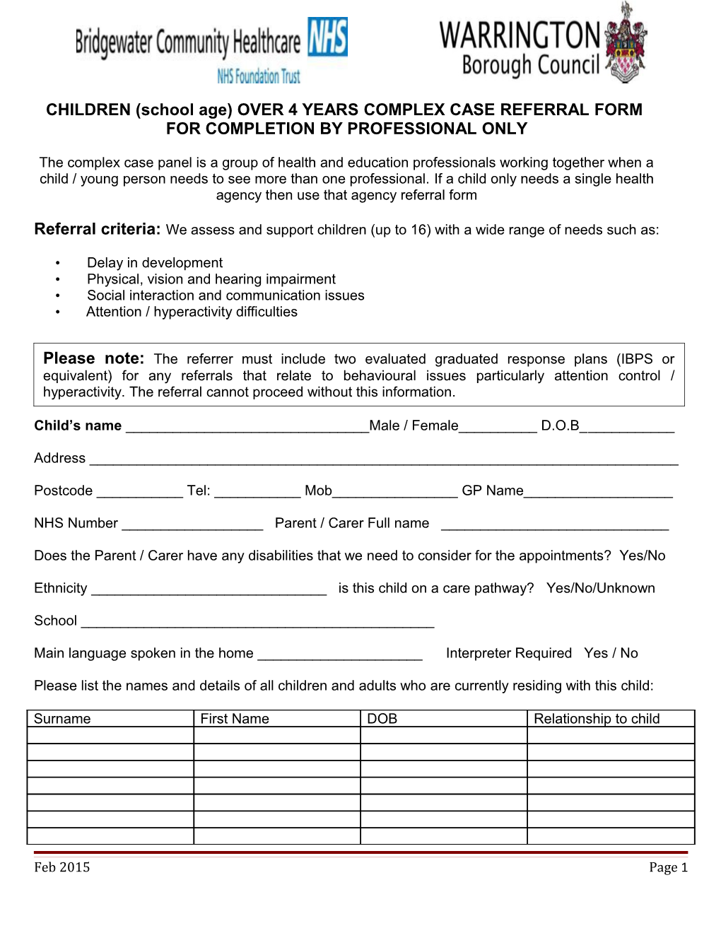 Referral Form for Speech & Language Therapy