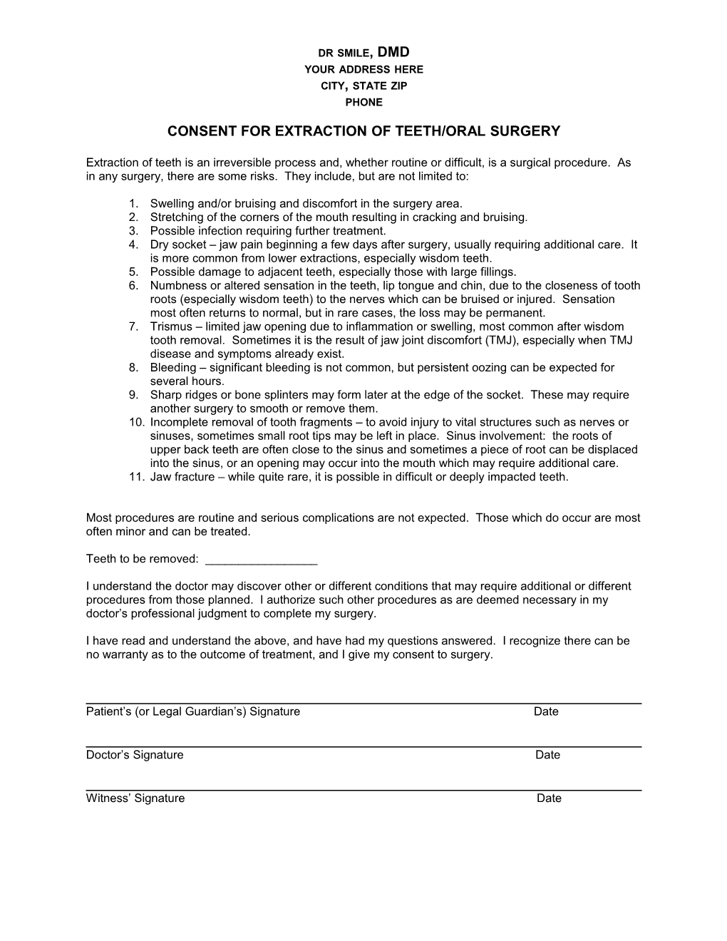 Consent for Extraction of Teeth/Oral Surgery