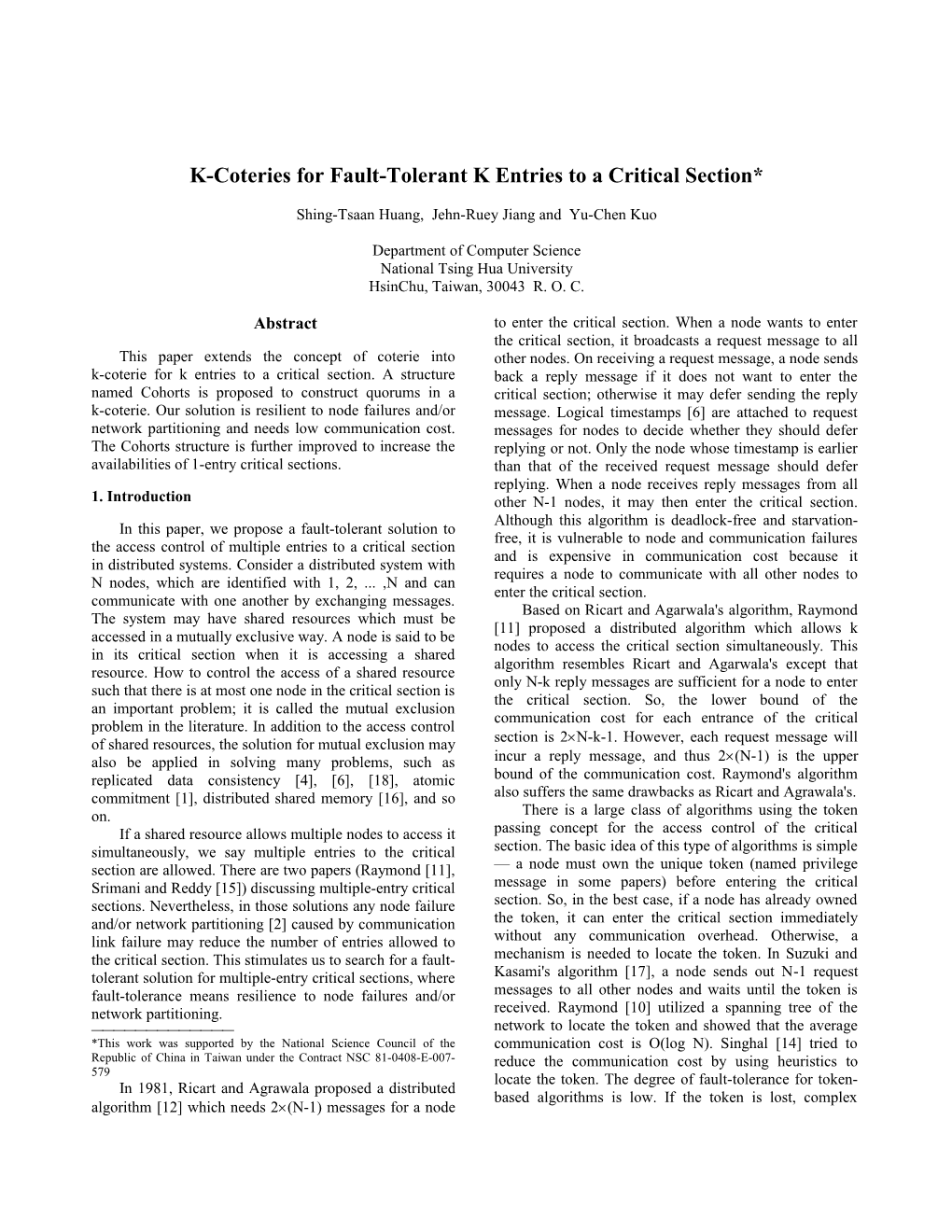 K-Coteries for Fault-Tolerant K Entries to a Critical Section*