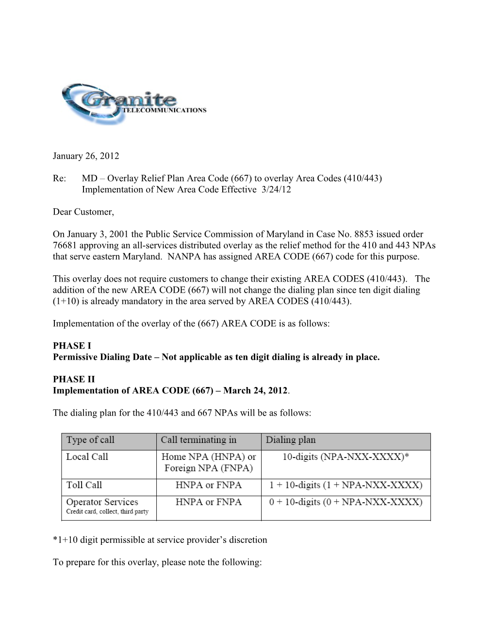 Re: MD Overlay Relief Plan Area Code (667) to Overlay Area Codes (410/443)