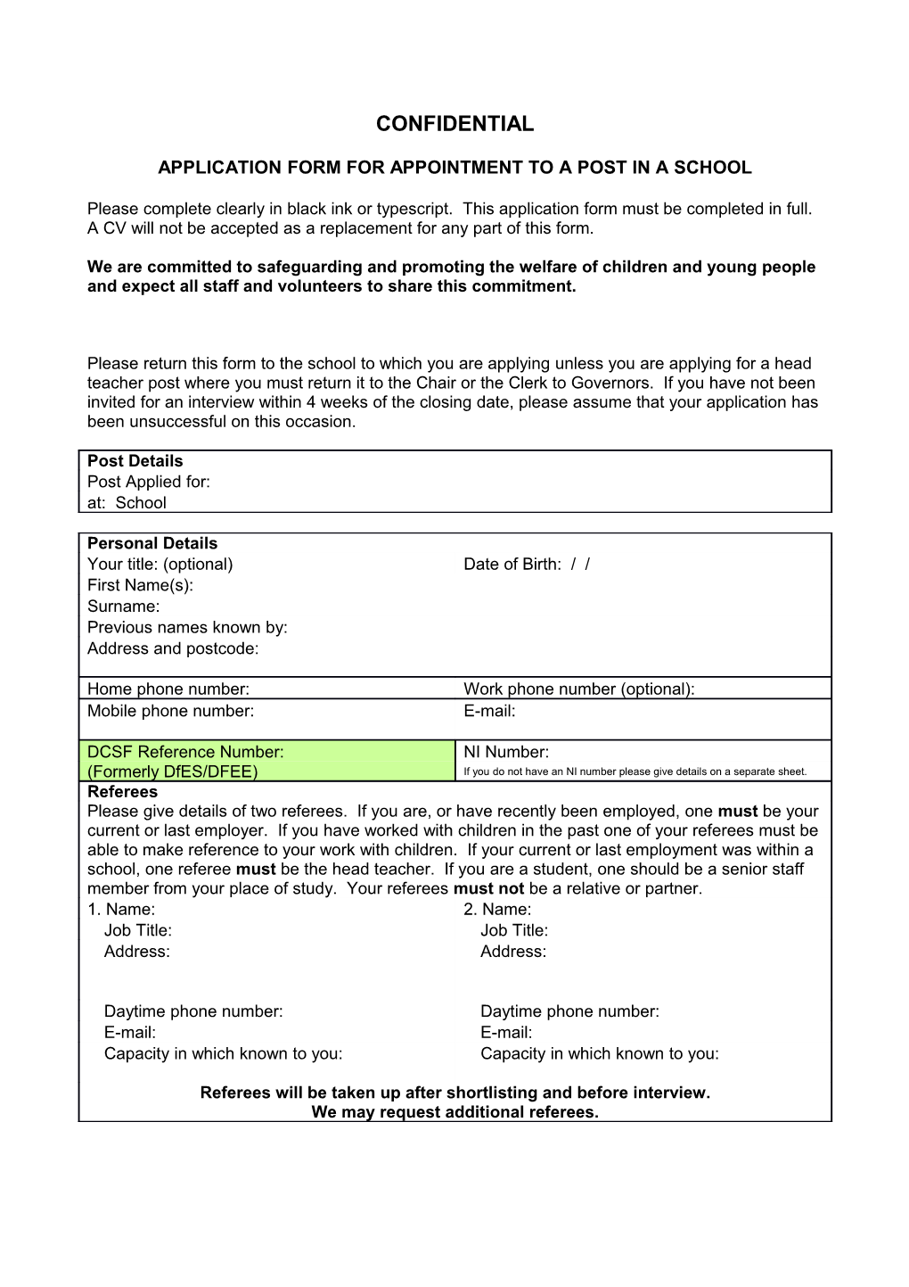 Application Form for Appointment to a Post in a School