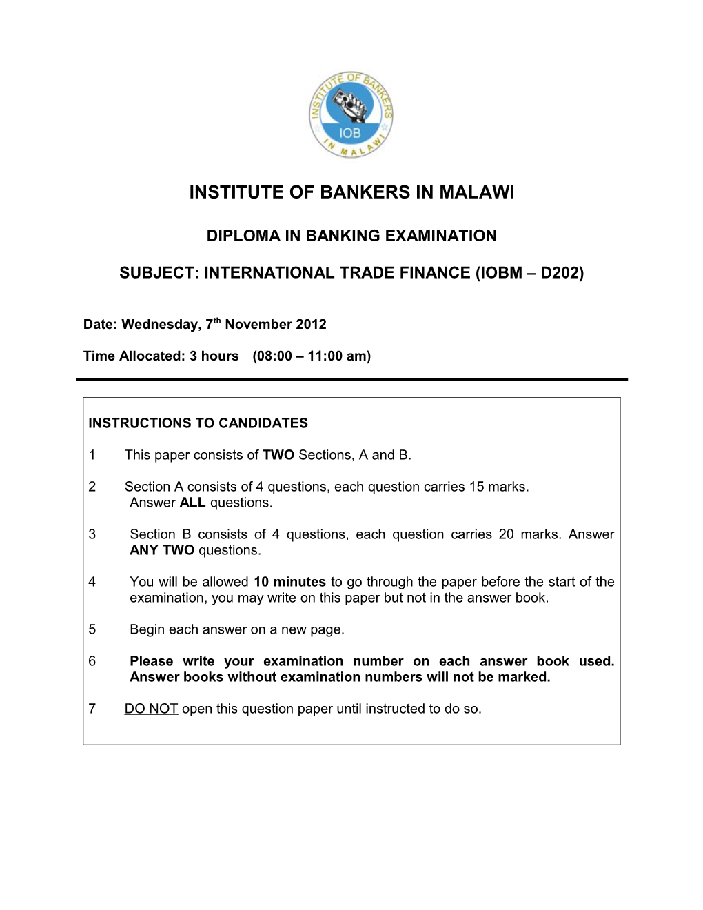 Subject: International Trade Finance (Iobm D202)