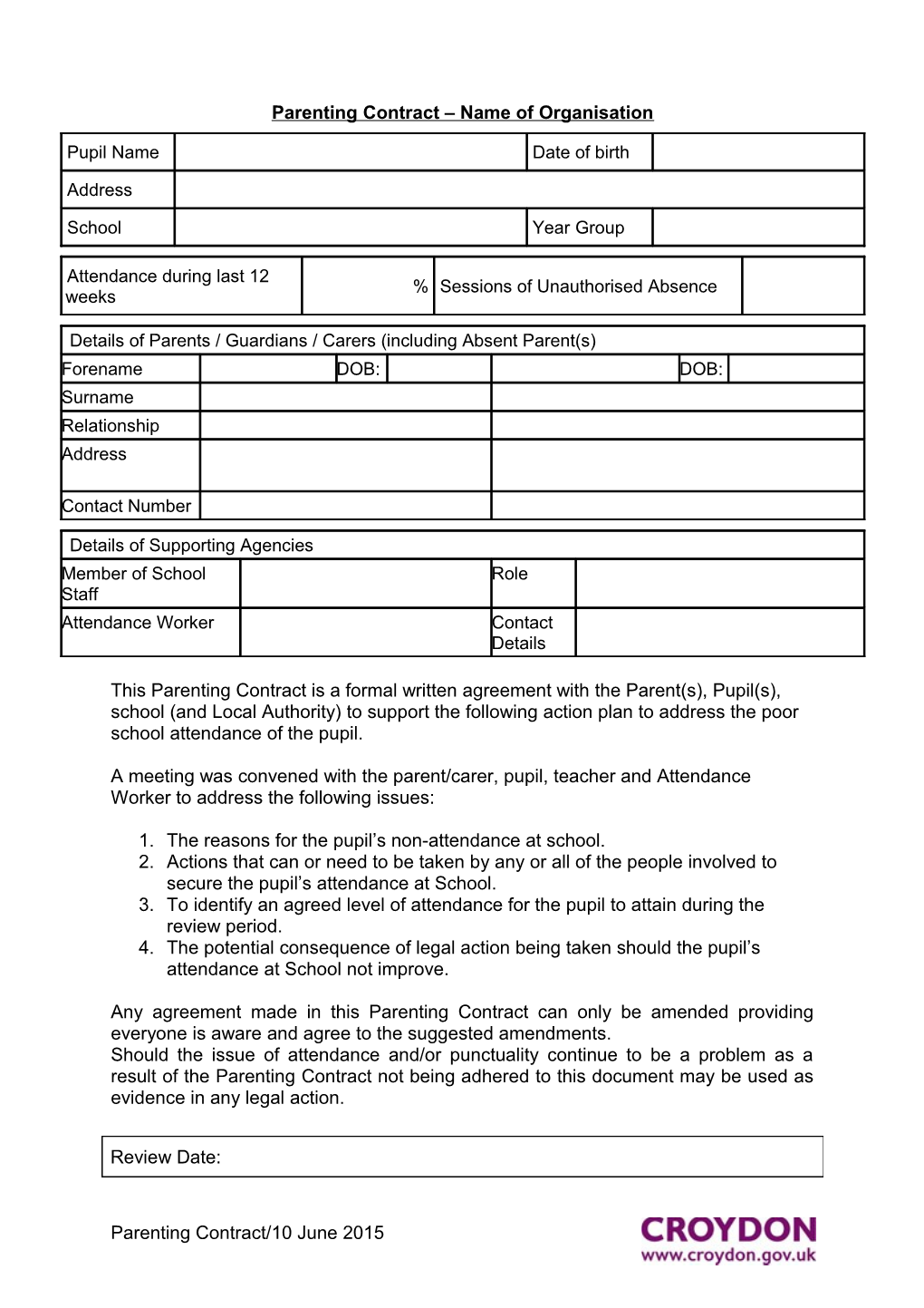 Parenting Contract Name of Organisation