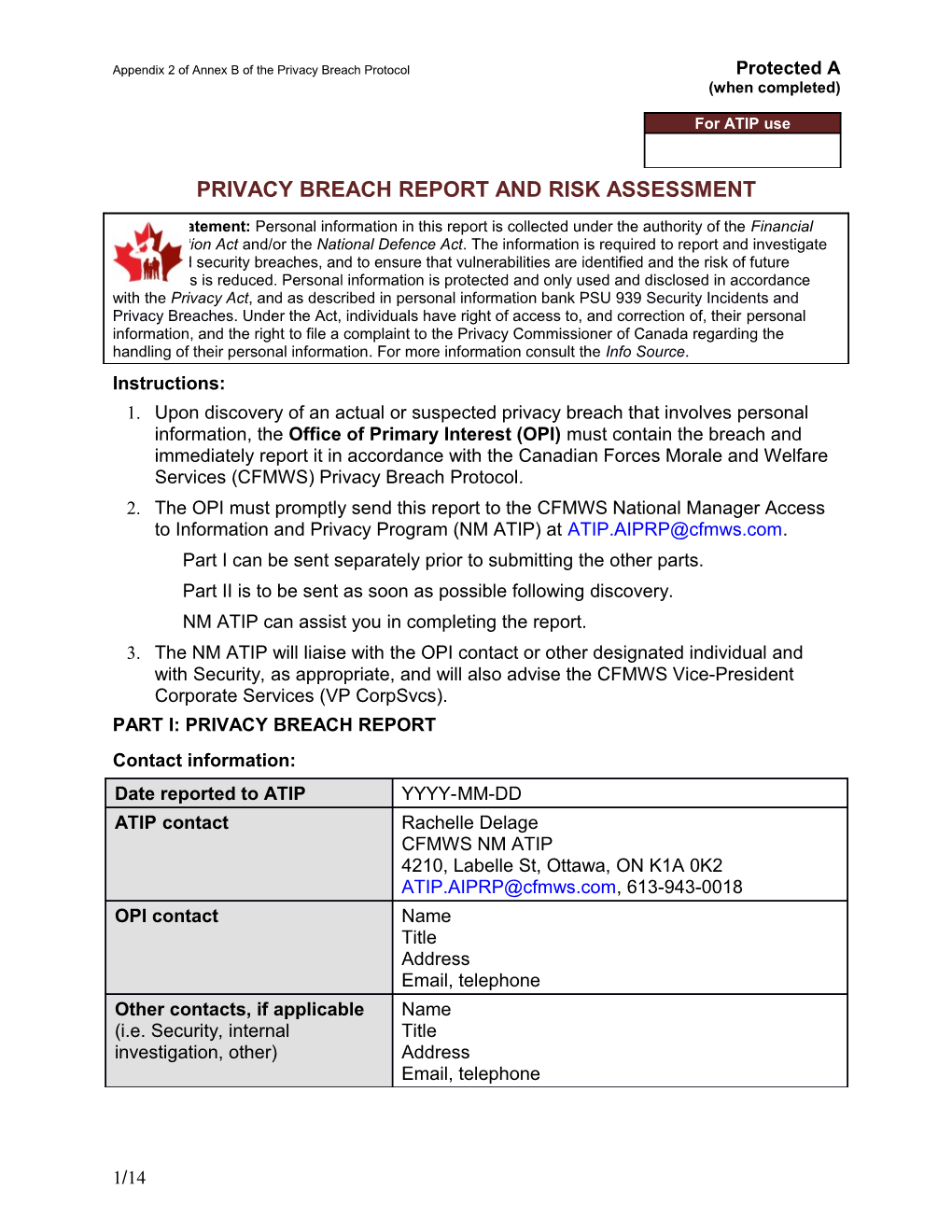 Appendix 2 of Annex B of the Privacy Breach Protocol Protected A