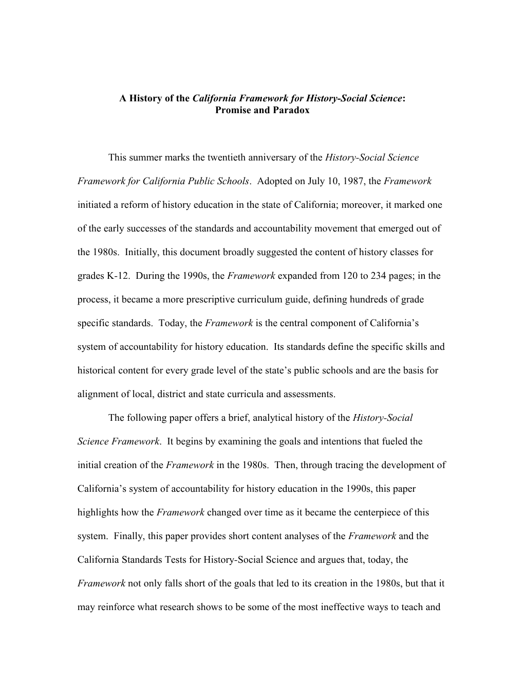 A History of the California Framework for History-Social Science