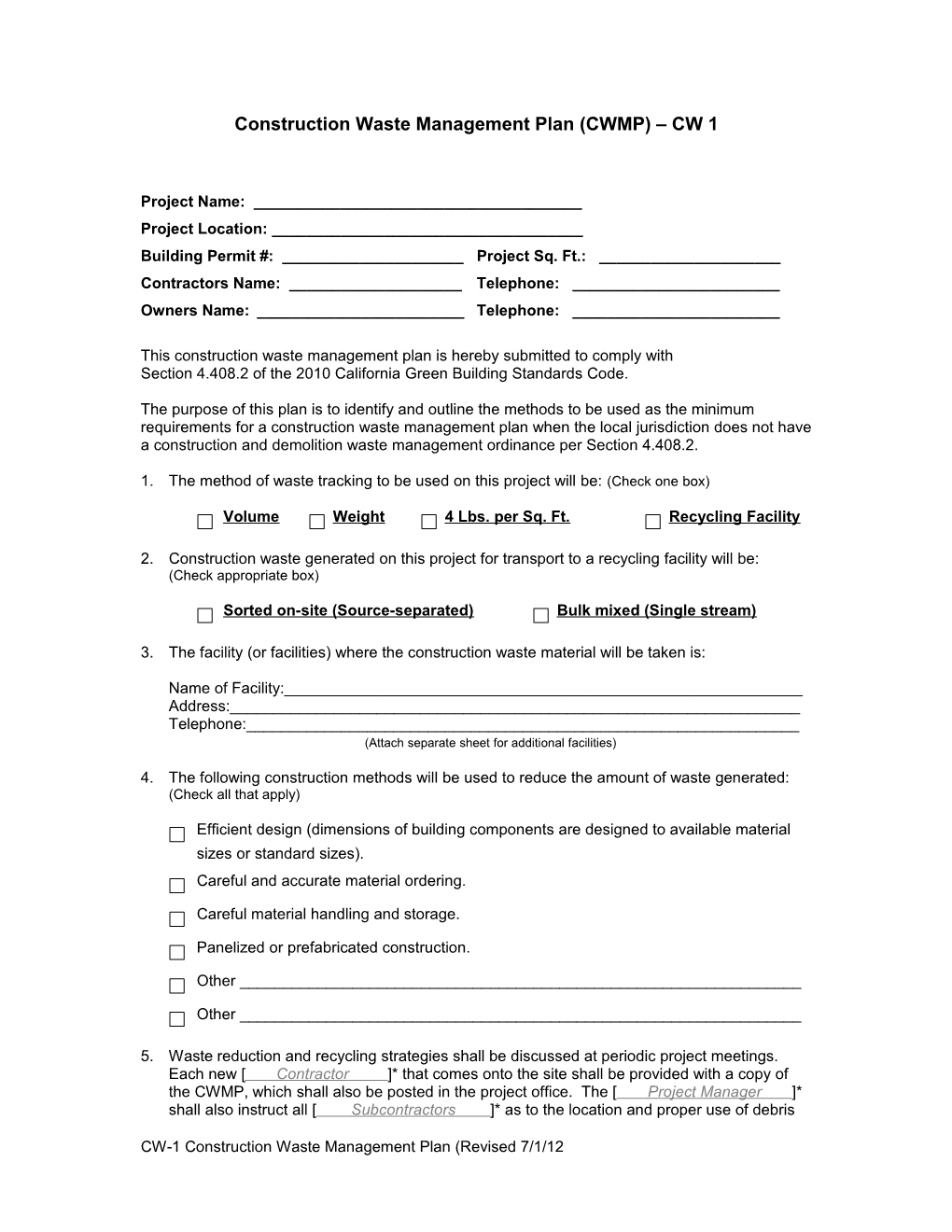 Construction Waste Management Plan (CWMP) CW 1