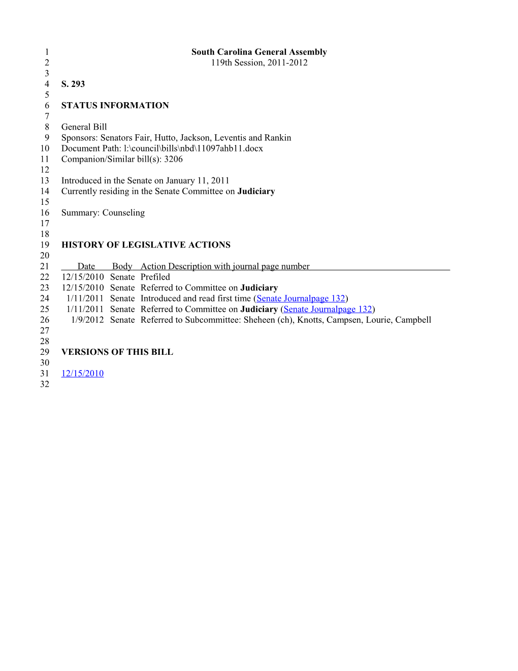 2011-2012 Bill 293: Counseling - South Carolina Legislature Online