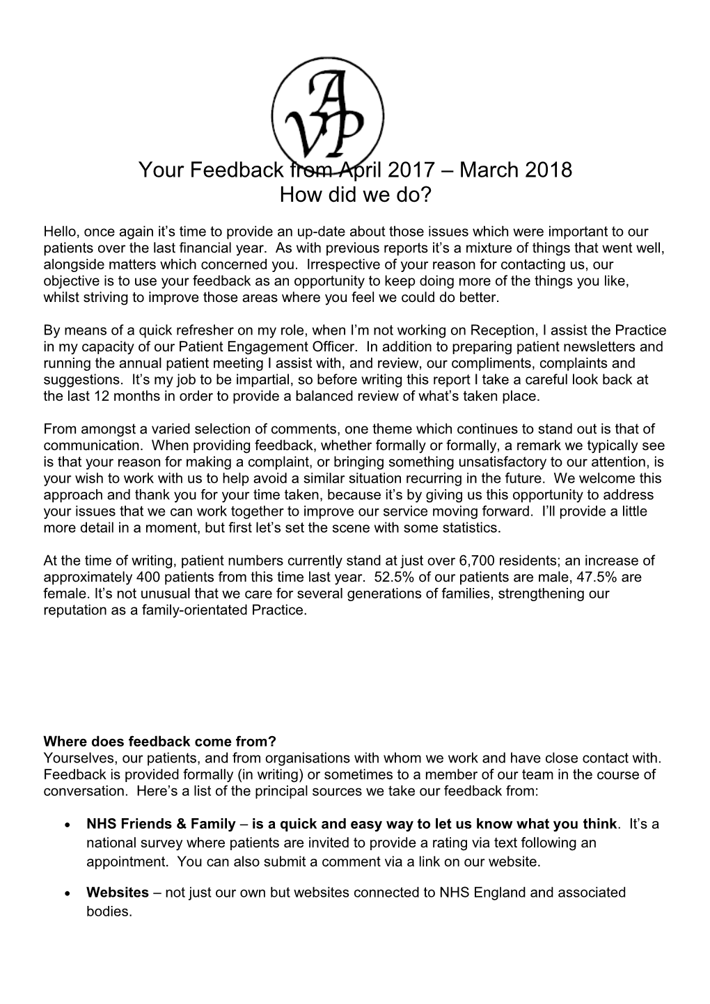 Your Feedback from April 2017 March 2018