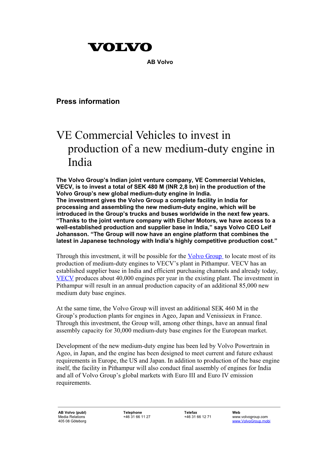 VE Commercial Vehicles to Invest in Production of a New Medium-Duty Enginein India