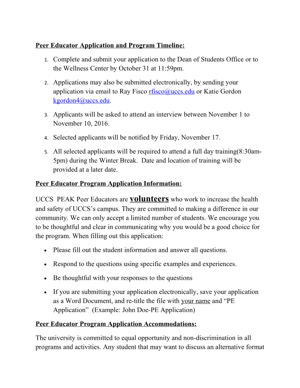 Peer Educator Application and Program Timeline