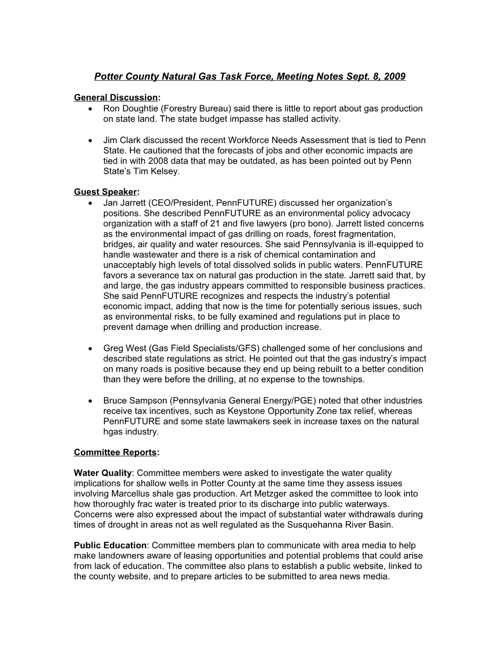 Potter County Natural Gas Task Force, Meeting Notes Sept. 8, 2009