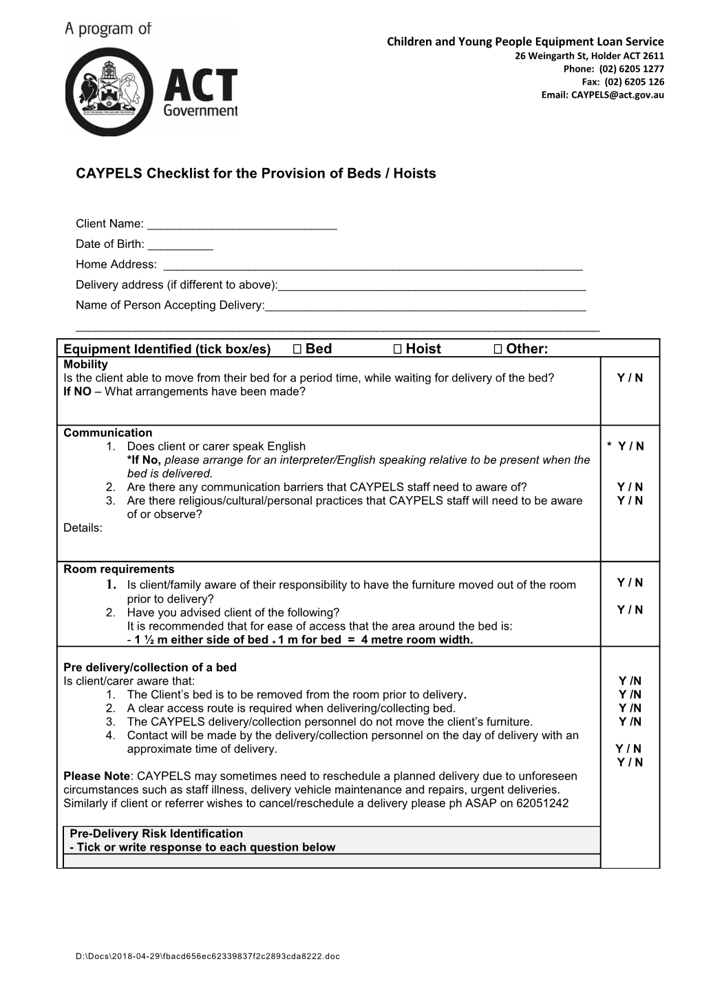 CAYPELS Manual Handling Risk Checklist