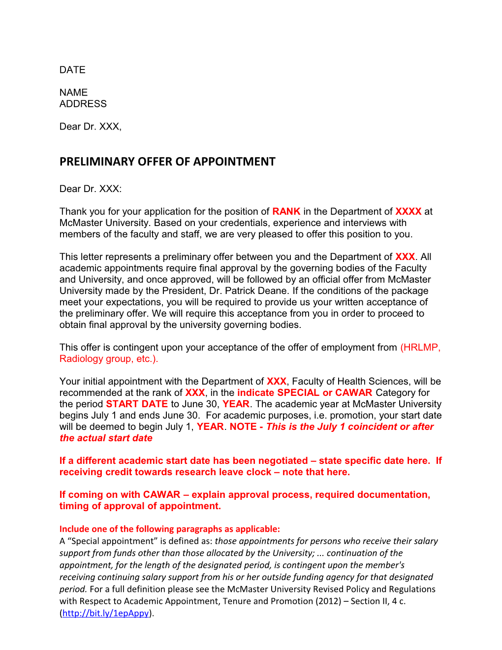 Preliminary Offer of Appointment