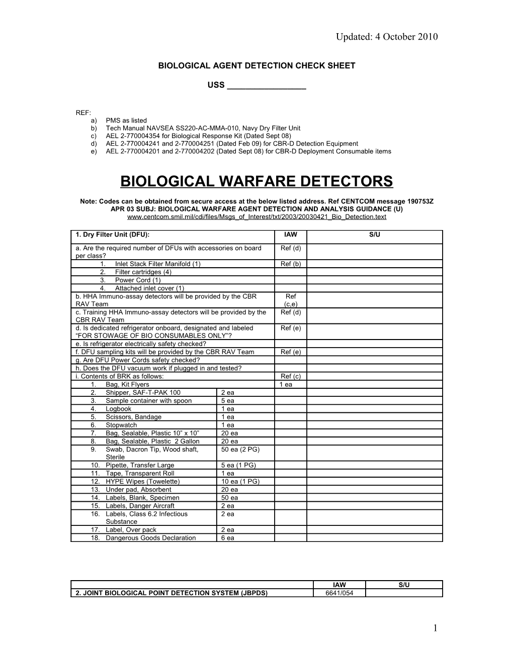 Biological Agent Detection Check Sheet