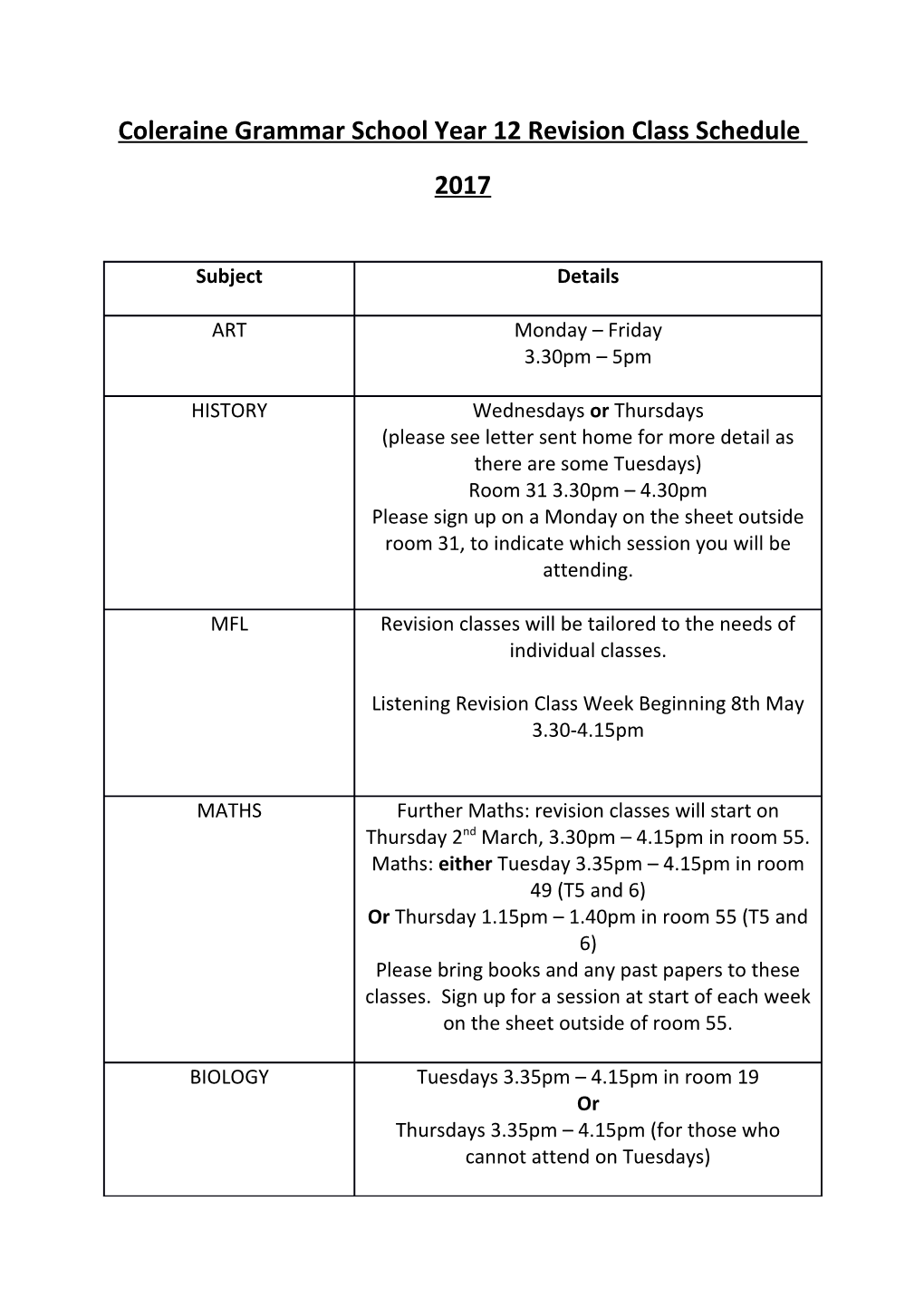 Coleraine Grammar School Year 12 Revision Class Schedule