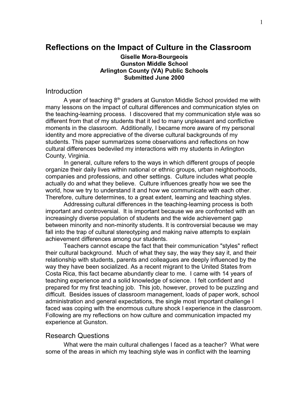 Reflections On The Impact Of Culture In The Classroom