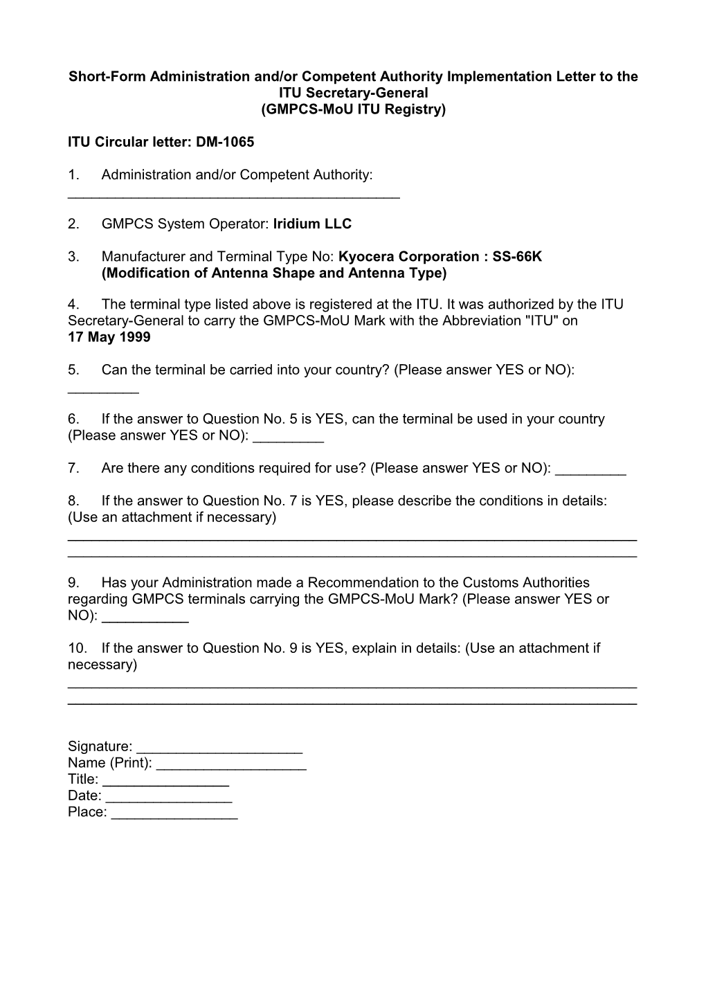 Short-Form Administration Letter: Kyocera SS-66K, SD-66K (Ant.)