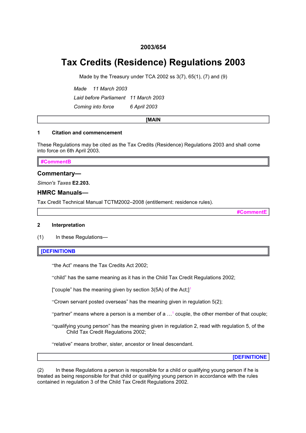 Tax Credits (Residence) Regulations 2003