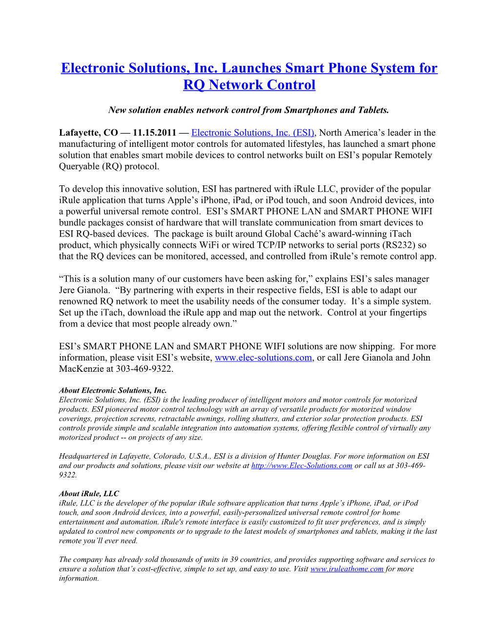 Electronic Solutions, Inc. Launches Smart Phone System for RQ Network Control
