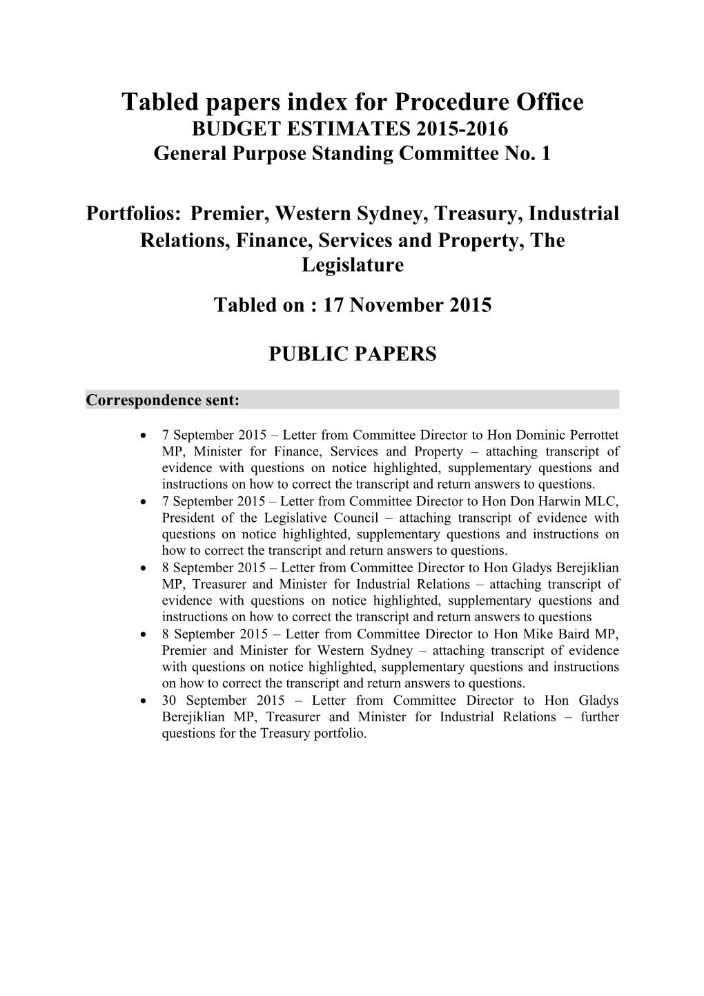 Tabled Papers Index - Budget Estimates GPSC 1