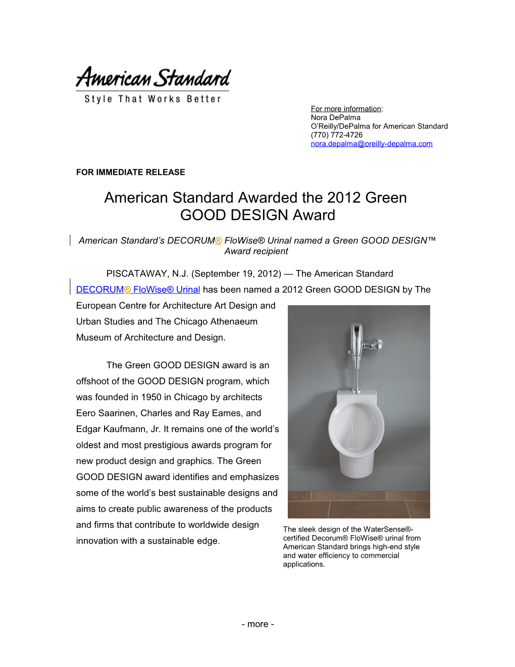 American Standard Awarded the 2012 Green GOOD DESIGN Award 3-3-3