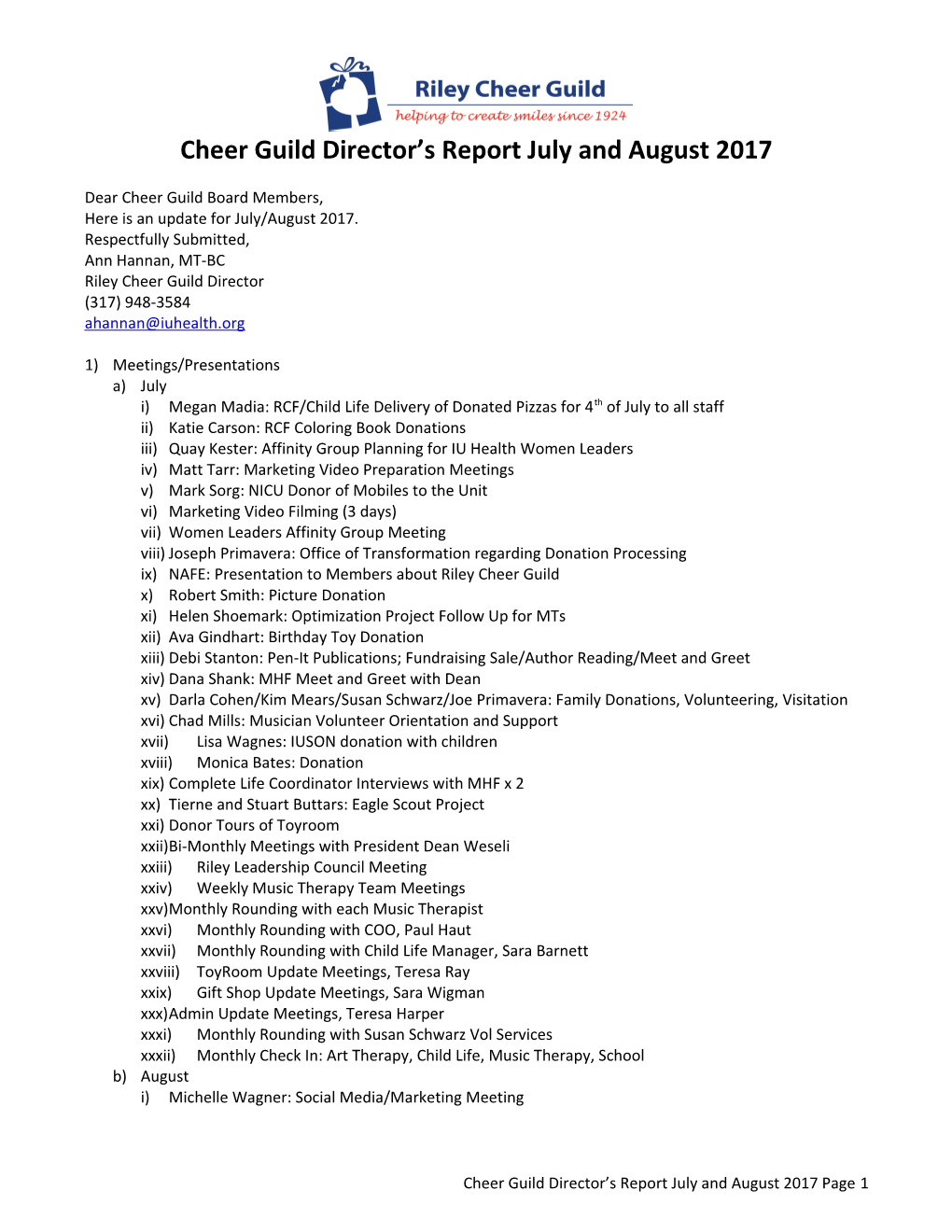 Cheer Guild Director S Report July and August 2017