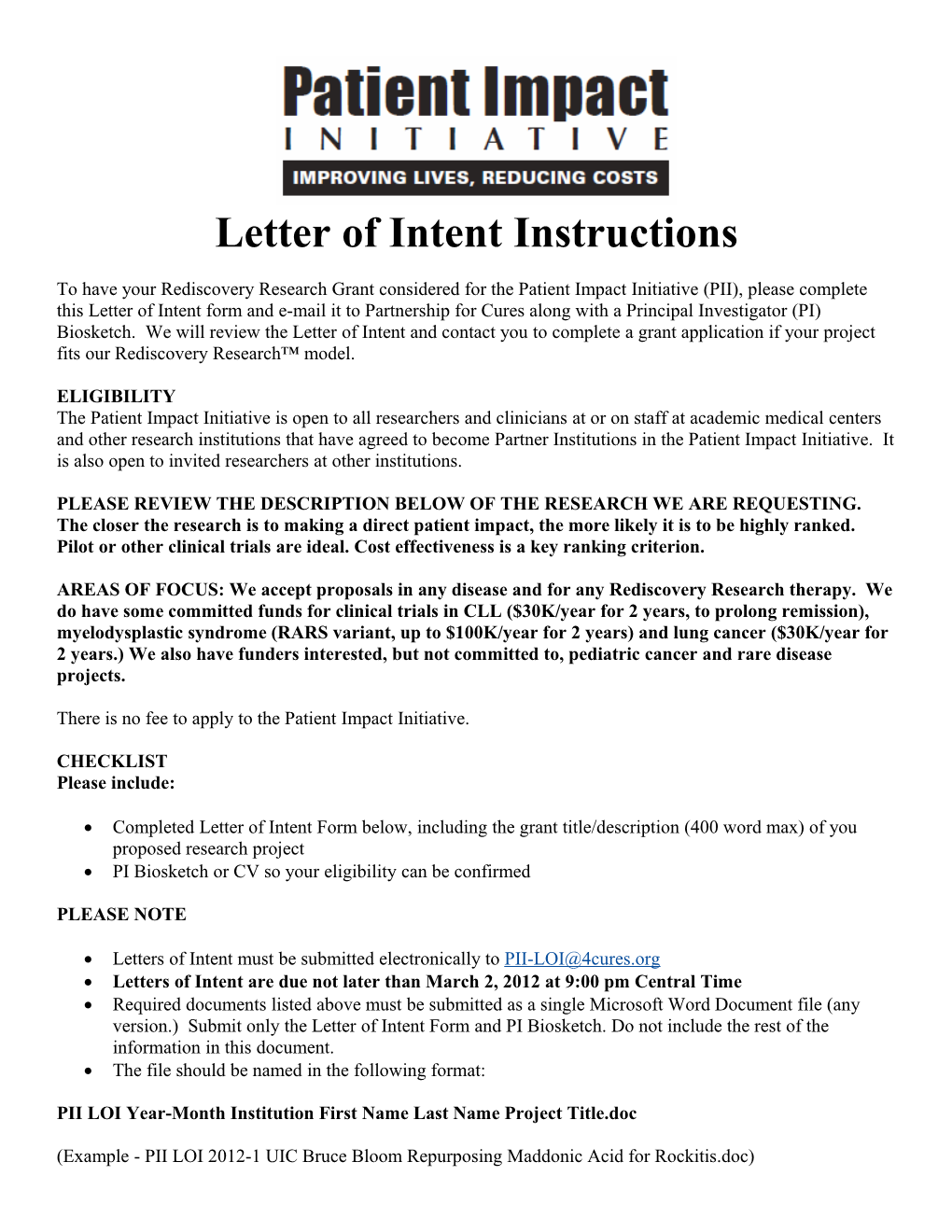 Letter of Intent Instructions