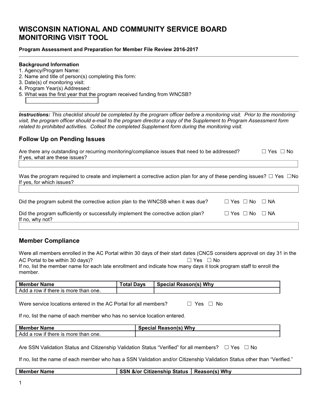 Wisconsin National and Community Service Board Monitoring Visit Tool, 2000-2001