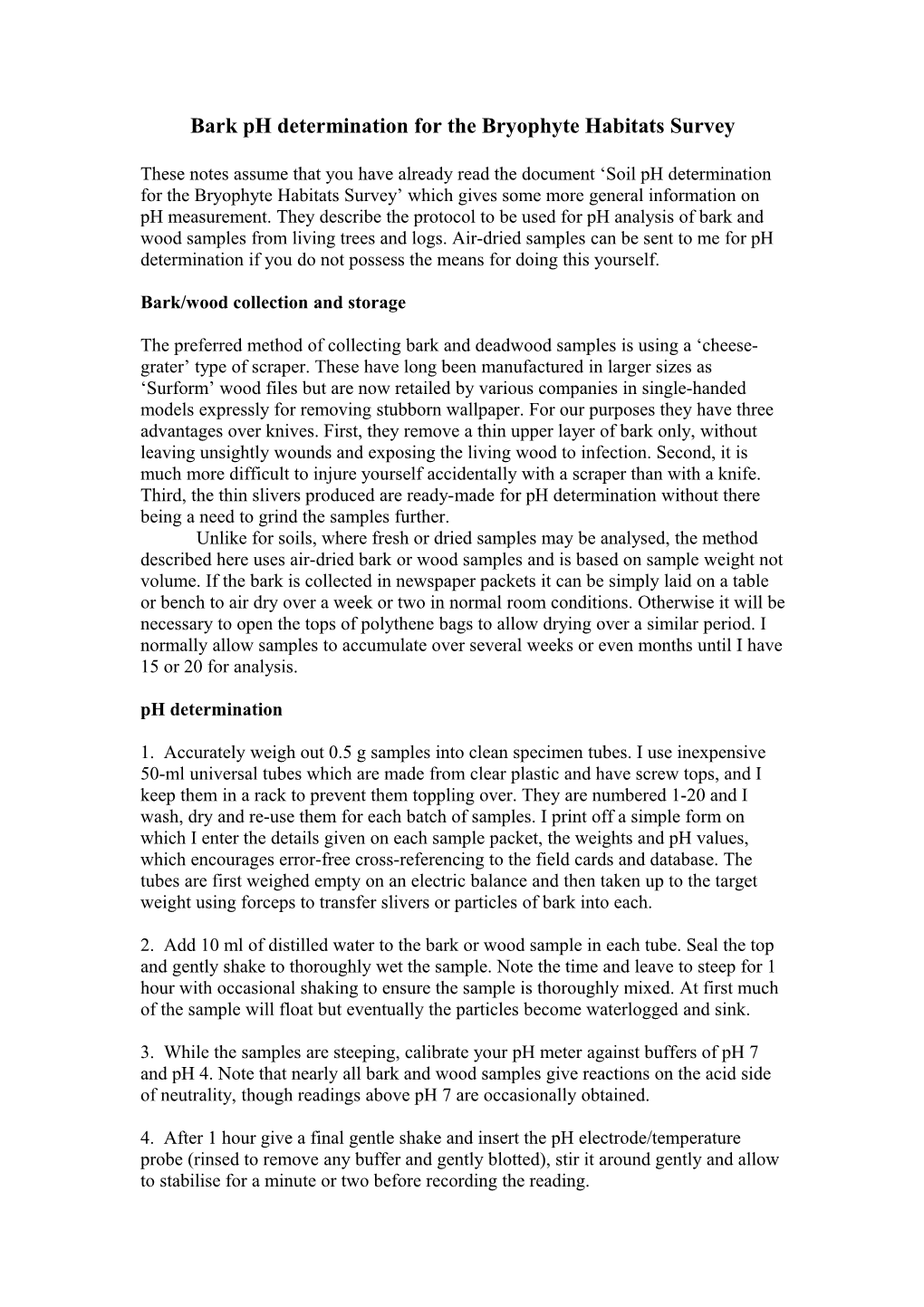 Bark Ph Determination for the Bryophyte Habitats Survey
