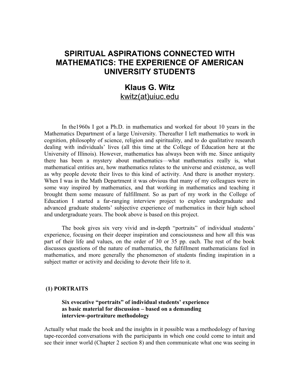 Spiritual Aspirations Connected with Mathematics: the Experience of American University