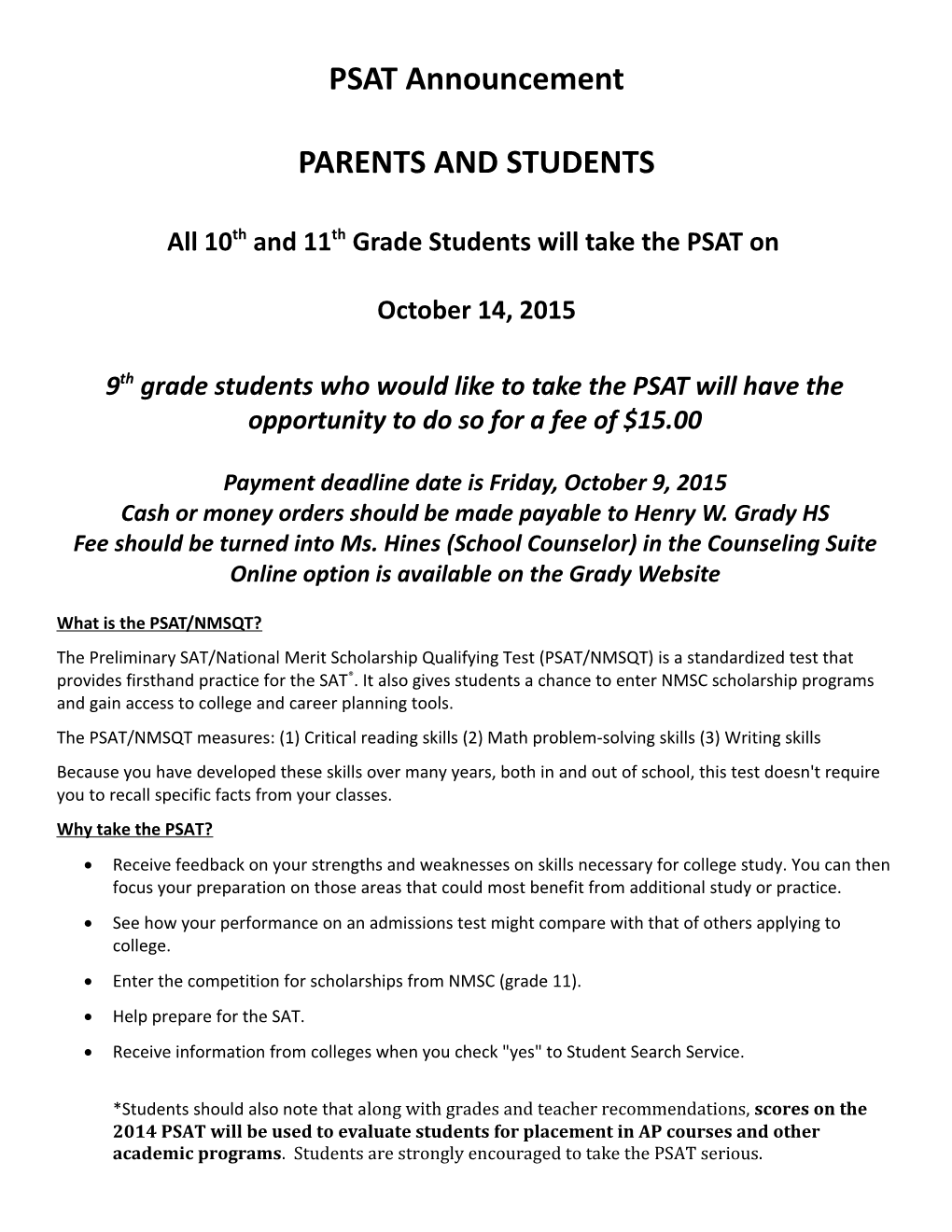 All 10Th and 11Th Grade Students Will Take the PSAT On