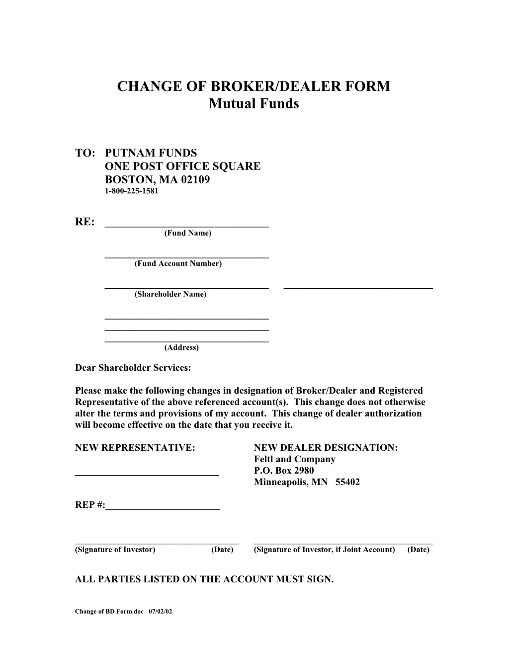 Change of Broker/Dealer Form