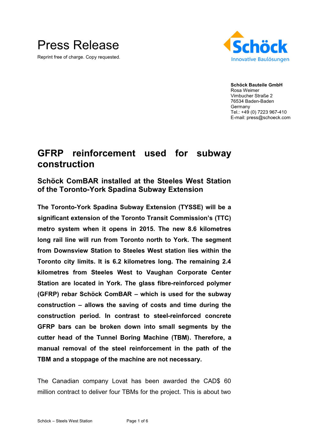 GFRP Reinforcement Used for Subway Construction