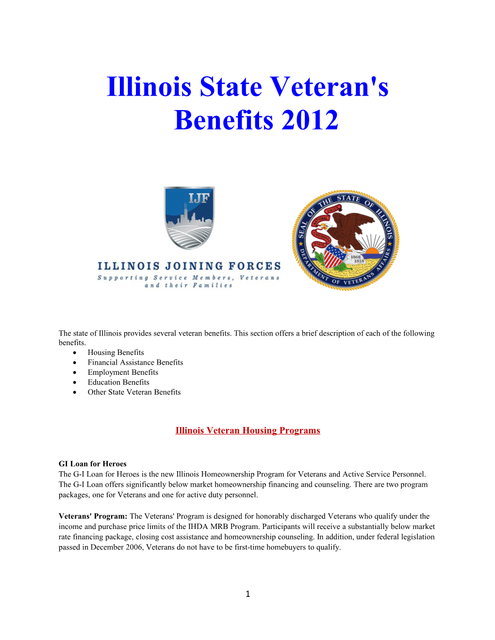 Illinois State Veteran's Benefits 2012