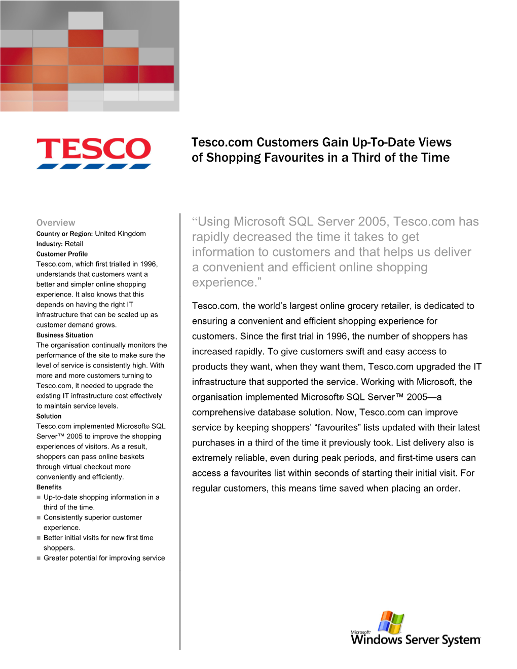 Tesco.Com Customers Gain Up-To-Date Views of Shopping Favourites in a Third of the Time