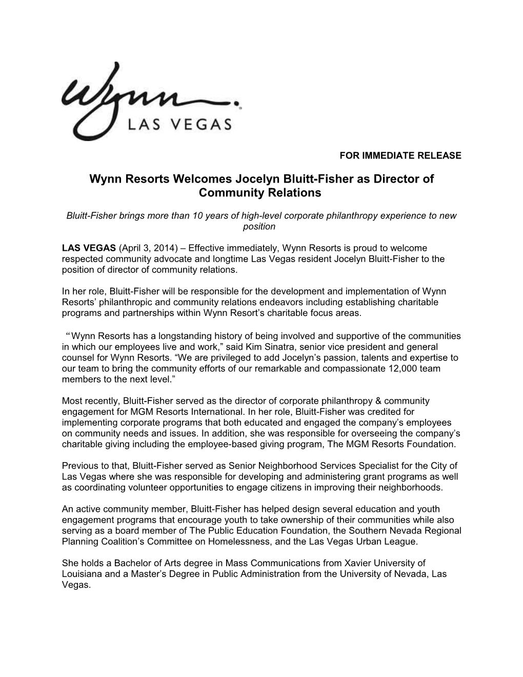 Wynn Resorts Welcomes Jocelyn Bluitt-Fisher As Director of Community Relations