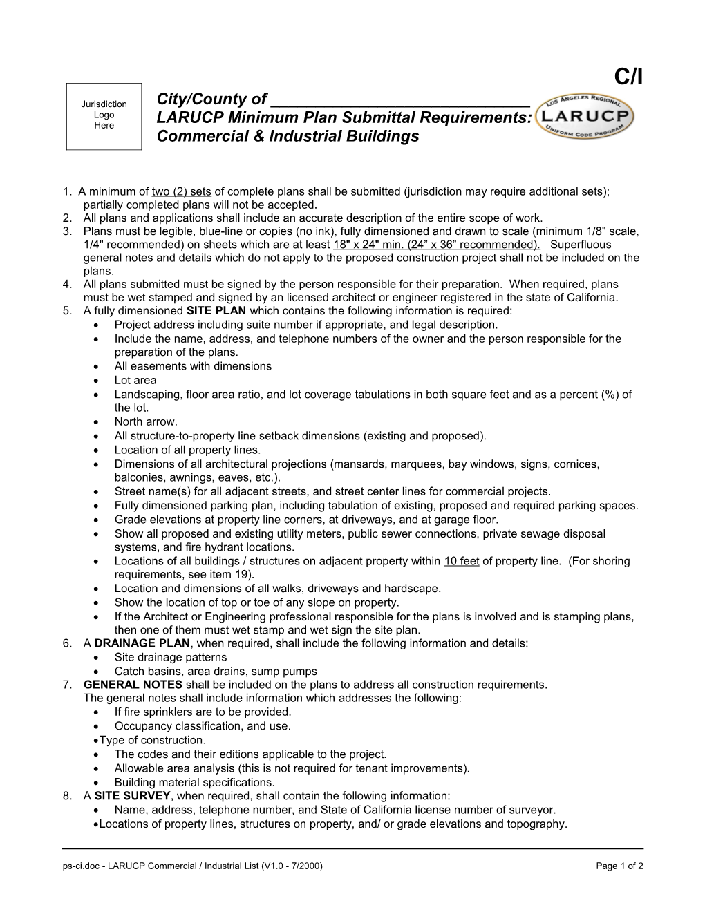 Plan Submittal Minimum Requirements For