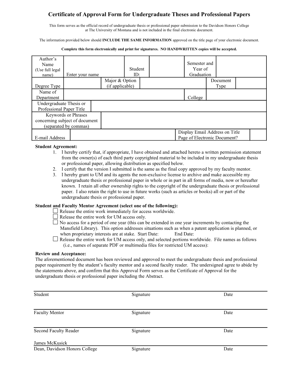 Certificate of Approval Form for Theses, Dissertations and Professional Papers