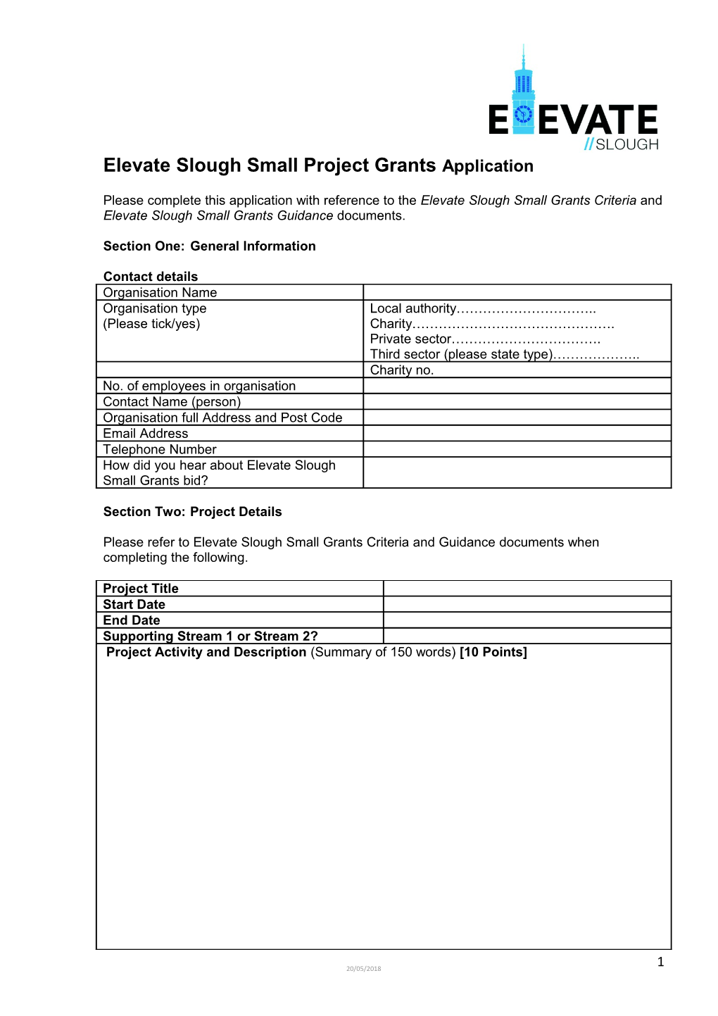 Elevate Slough Small Project Grants Application